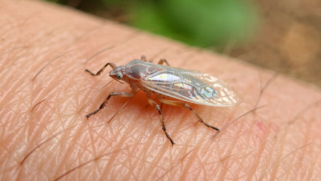 Small iridescent insect resting on human skin. Macro photography highlighting detailed wing patterns and body structure. Entomology and nature exploration concept for educational or scientific use.