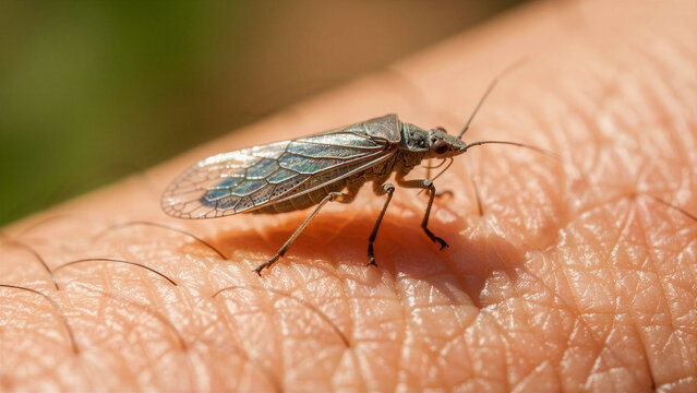 Small winged insect crawling on human skin. Extreme macro shot highlighting skin texture and insect anatomy. Nature interaction concept, useful for scientific research and entomology studies.