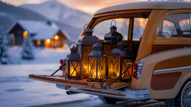 Glowing lanterns sit on the open tailgate of a vintage woody wagon in the snow. A cozy cabin and mountains appear in the background under a warm twilight sky. Festive winter travel concept.