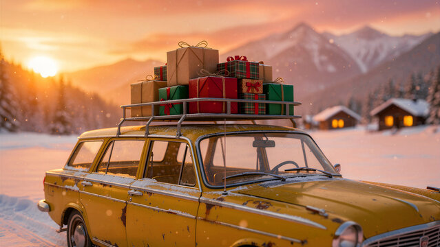 Yellow vintage car with gift boxes on roof rack in snow. Scenic winter sunset over mountains with cozy cabins. Holiday travel concept for seasonal marketing and winter ads.