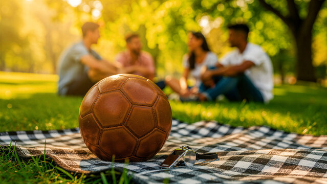 Vintage leather soccer ball and whistle on a picnic blanket in a sunny park. Group of diverse friends sitting together in the blurred background. Sports community and outdoor leisure concept.
