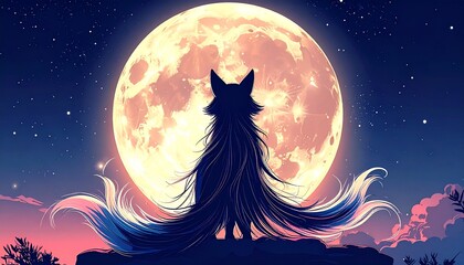 Fototapeta premium Nine-tailed Kitsune fox under a full moon. Mythical Japanese spirit creature in night sky.