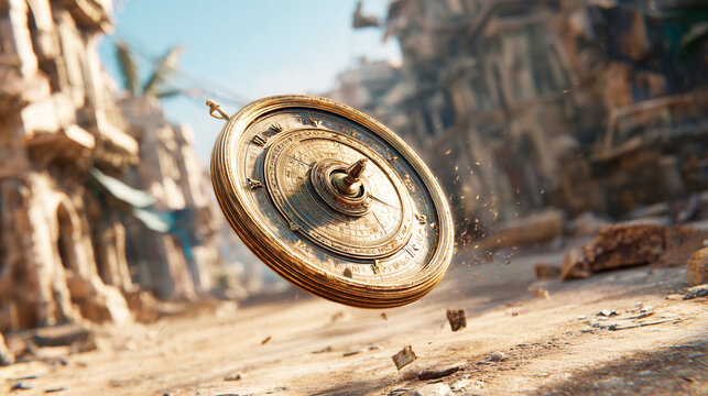 An ancient golden astrolabe compass hovers above the dusty ground among the ruins.