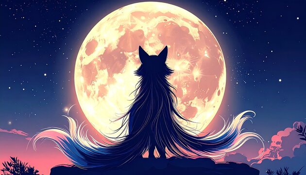 Nine-tailed Kitsune fox under a full moon. Mythical Japanese spirit creature in night sky.