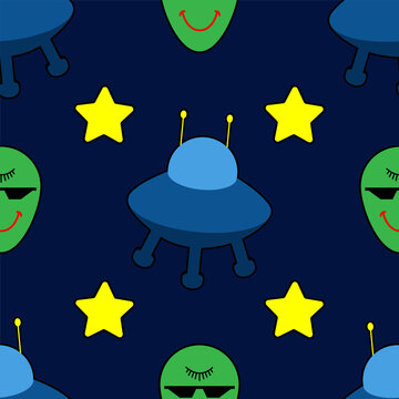psychedelic pattern the head of an alien creature in glasses and a flying saucer in outer space