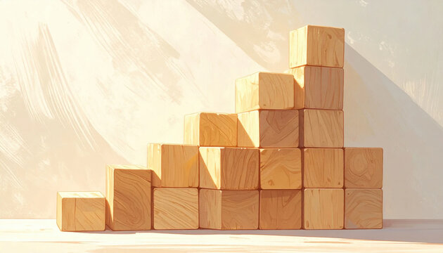 Wooden Building Blocks Stacked in Stairs Ascending Shape with Warm Sunlight