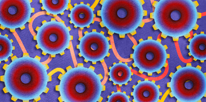 colorful mechanical gears spinning together in a vibrant pattern