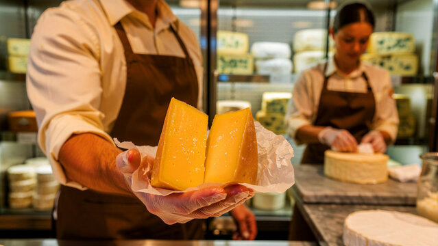 Man holding two pieces of aged hard cheese in a deli shop. Professional cheesemonger showcasing artisanal dairy products at a retail counter. Gourmet food concept for culinary marketing ads.