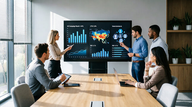 Business people presenting quarterly campaign reach and return on investment analytics during executive meeting in conference room with digital display dashboard and laptop computers on wooden table.