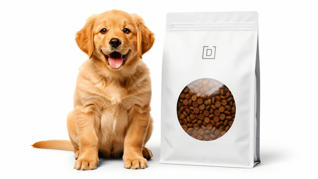 Golden Retriever puppy sitting next to a white bag of dry dog food. Cute young dog posing for pet nutrition branding. Healthy canine diet concept, ideal for animal care and veterinary marketing.