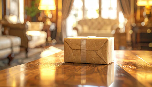 A brown cardboard delivery package rests on a polished wooden table in a cozy home interior setting