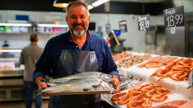 Smiling fishmonger holding fresh salmon on a tray in a seafood market. Professional merchant showcasing quality raw fish near prawn displays. Commercial food retail and small business concept.