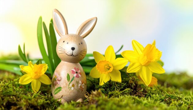 A charming hand-carved wooden Easter bunny with painted floral details sits amidst bright yellow daffodils and green foliage