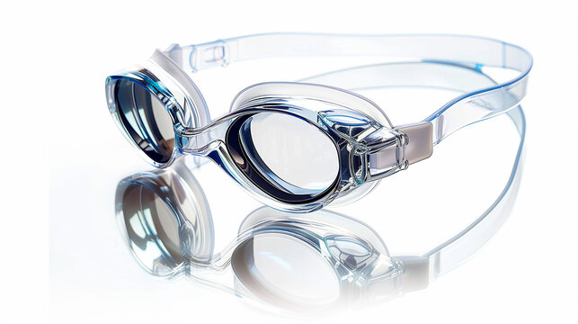 Transparent swimming goggles with clear strap isolated on white background with reflection, front view.
