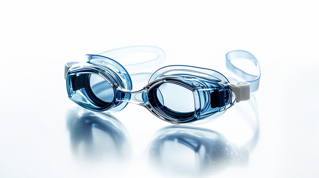 Transparent swimming goggles with clear strap isolated on white background with reflection, front view.
