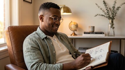 Fototapeta premium Generative AI, Black man sketching designs in a notebook at home