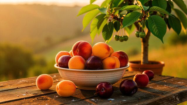 Fresh peaches and plums in a ceramic bowl on a rustic wooden table. Vibrant summer fruits under golden hour sunlight with a small potted tree. Healthy organic food concept for harvest marketing.