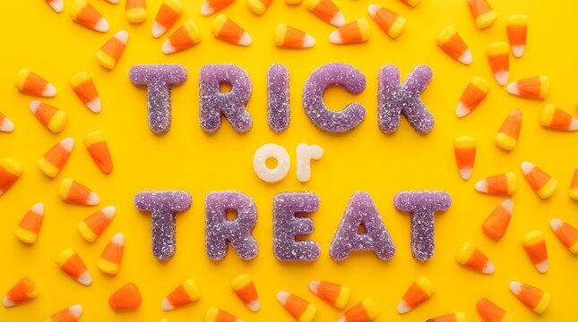 Trick or treat text made of purple sugar candy with candy corn border
