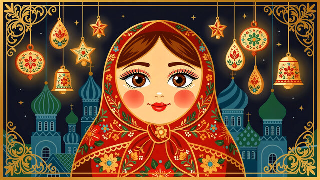 Matryoshka doll illustration with ornaments and cathedral background. Russian folk art character against festive night lanterns. Slavic culture theme for greeting cards and tourism ads.