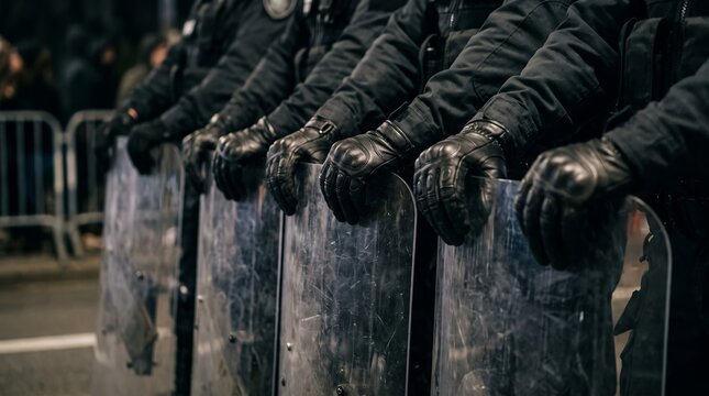 Row of police officers in black uniforms and gloves holding riot shields prepared for crowd control during a nighttime protest demonstration law enforcement security protection defense law