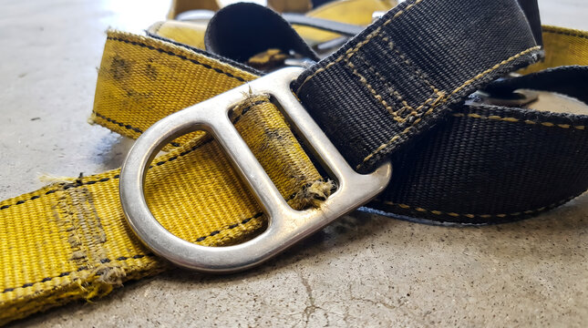 Close-Up of Safety Harness Straps and Metal D-Ring
