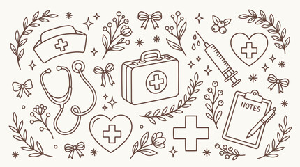A collection of hand-drawn medical and healthcare-related doodle icons with decorative floral elements, perfect for nursing and health themes. © Bara