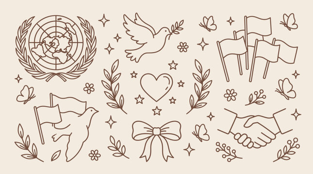 A collection of line art illustrations symbolizing peace, unity, international cooperation, and harmony with doves, UN emblem, flags, and handshake.