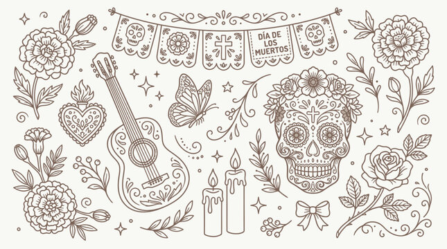 Intricate line art collection of traditional Dia de los Muertos elements including sugar skull, marigolds, papel picado, guitar, and candles.