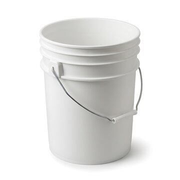 A plain empty white plastic bucket with a metal handle for household cleaning or construction work projects isolated on a clean surface. 5 gallon bucket