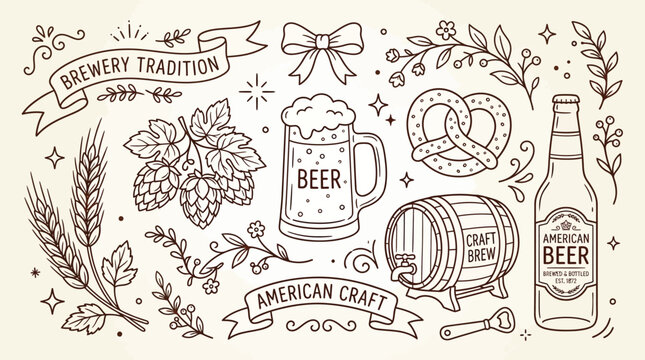 A collection of hand-drawn doodle illustrations depicting various elements of beer brewing, craft beer, and brewery tradition, including hops, wheat, mugs, bottles, barrels, and pretzels.