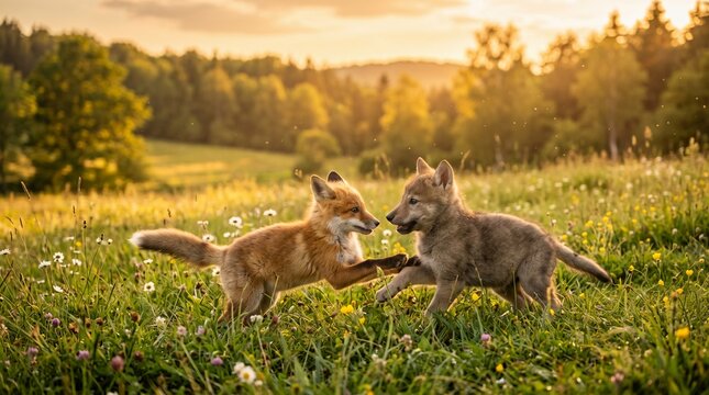 Red Fox and Wolf Pup Playing in Grassy Field at Sunset