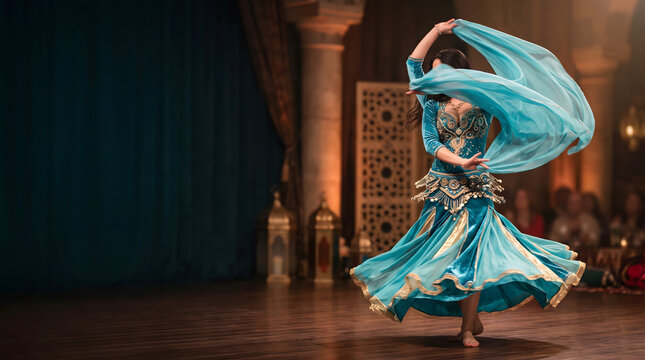 Belly dancer performing with flowing teal veil on stage in traditional costume