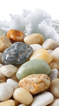 Polished colorful sea stones with splashing water wave isolated on white