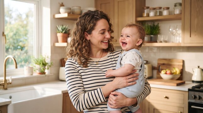 A happy young mother holding her laughing baby boy in a bright and cozy modern home kitchen