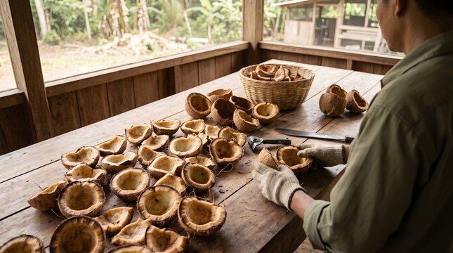 Worker processing dried coconut shells on wooden table in tropical farm setting