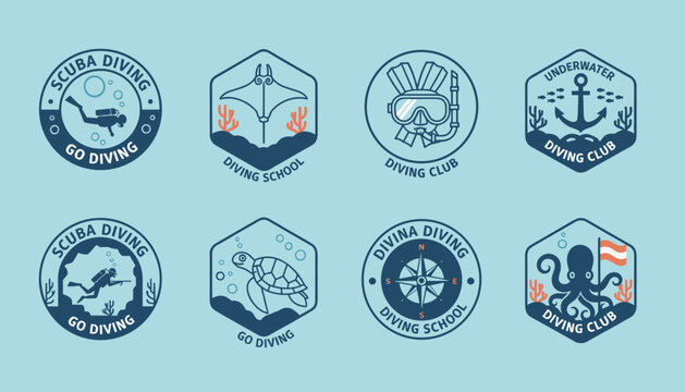 Scuba diving badges and sea life emblems set for underwater club logos