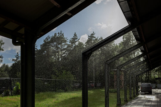 Heavy rain falls past a covered walkway at a base, a sunlit summer downpour over a pine forest and car park.