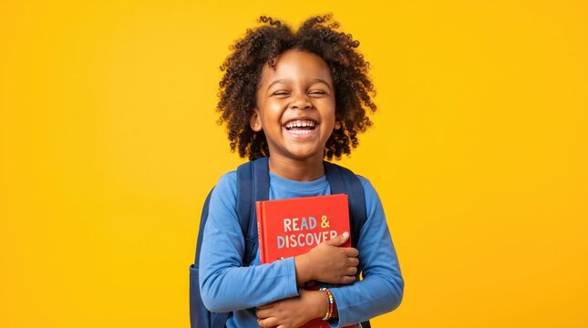 A happy young african american boy with a backpack holding a book against a bright yellow background