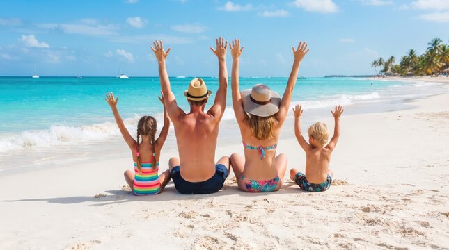Happy family with two children sitting on the white sand beach with arms raised enjoying summer vacation