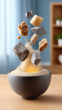 Meteor impact simulation with rocks and sand splashing in a bowl