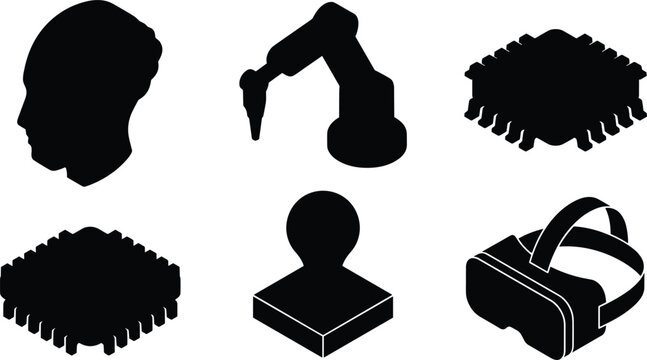 Artificial intelligence and futuristic technology black silhouette vector icon set featuring microchip, robot arm, virtual reality headset, and human cyborg brain profile.