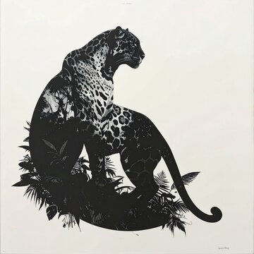 Silhouette of a majestic leopard in a jungle setting.