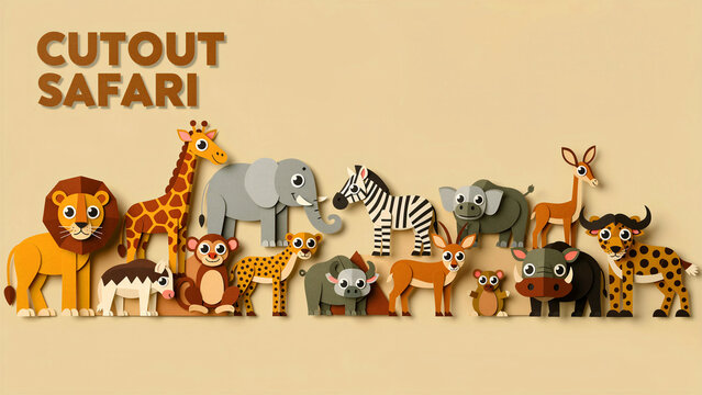 Collection of African safari animals in a layered paper cutout style. Includes lion, elephant, and giraffe figures on a neutral tan background. Creative papercraft concept for kids' decor.