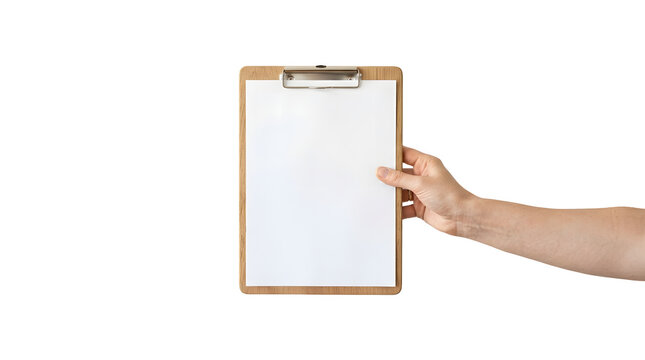 Hand holding clipboard with blank white paper isolated on transparent background.