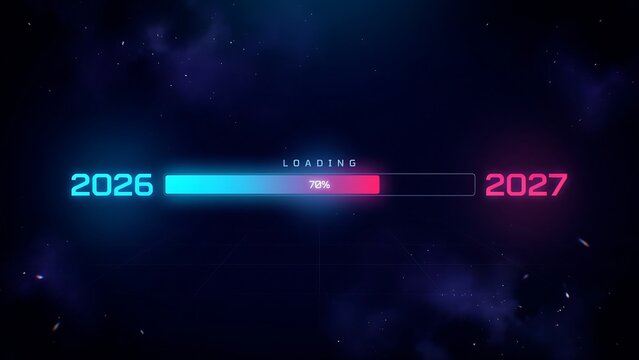 Loading progress bar between futuristic years 2026 and 2027 with space background