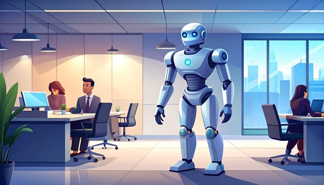 Futuristic Robot in Modern Office Environment.