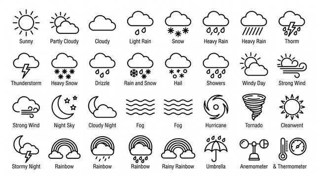 Twenty-four outlined weather icons showing clouds, rain, lightning, wind, tornado, sun, moon, rainbow, umbrella, and meteorological instruments in black and white.