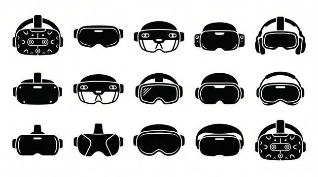 Create a premium virtual reality (VR) headset icon collection featuring 10 futuristic VR and mixed reality headset designs in a clean, minimalist flat vector silhouette style. Design each headset usin