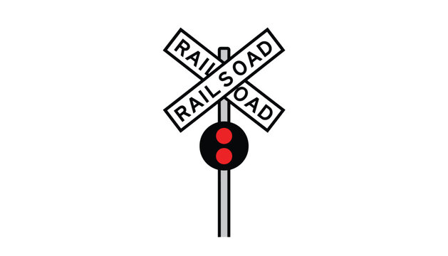 Classic railroad crossing sign with crossbuck panels and flashing red lights isolated on a clean white background.