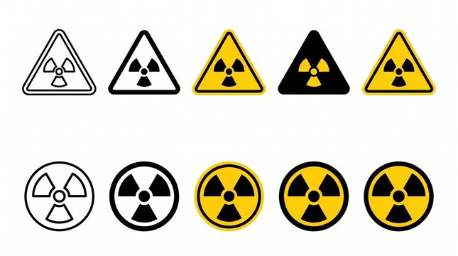 Create a premium radiation hazard warning icon collection featuring 10 universally recognized radioactive warning symbols in a clean, modern flat vector style. Design each icon with precise geometric 